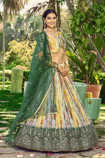 GREEN & MULTICOLOR ZARI & SEQUINS EMBROIDERED WITH DIGITAL PRINT CHINON FABRIC PARTY WEAR FESTIVAL SEMI STITCHED CHOLI