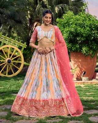 PINK & MULTICOLOR ZARI & SEQUINS EMBROIDERED WITH DIGITAL PRINT CHINON FABRIC PARTY WEAR FESTIVAL SEMI STITCHED CHOLI 1