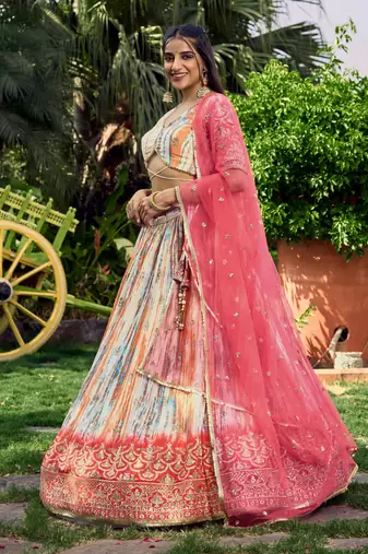 PINK & MULTICOLOR ZARI & SEQUINS EMBROIDERED WITH DIGITAL PRINT CHINON FABRIC PARTY WEAR FESTIVAL SEMI STITCHED CHOLI