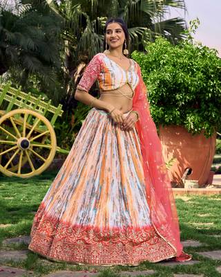 PINK & MULTICOLOR ZARI & SEQUINS EMBROIDERED WITH DIGITAL PRINT CHINON FABRIC PARTY WEAR FESTIVAL SEMI STITCHED CHOLI 5