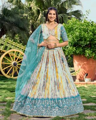 TURQUOISE & MULTICOLOR ZARI & SEQUINS EMBROIDERED WITH DIGITAL PRINT CHINON FABRIC PARTY WEAR SEMI STITCHED CHOLI 1