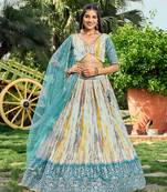 TURQUOISE & MULTICOLOR ZARI & SEQUINS EMBROIDERED WITH DIGITAL PRINT CHINON FABRIC PARTY WEAR SEMI STITCHED CHOLI