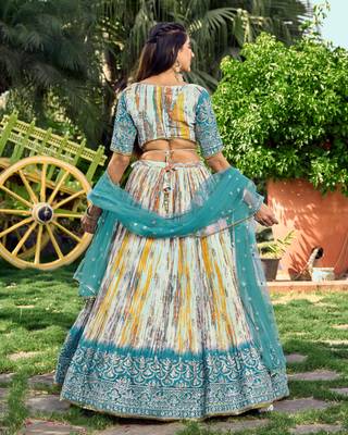 TURQUOISE & MULTICOLOR ZARI & SEQUINS EMBROIDERED WITH DIGITAL PRINT CHINON FABRIC PARTY WEAR SEMI STITCHED CHOLI 2