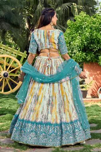 TURQUOISE & MULTICOLOR ZARI & SEQUINS EMBROIDERED WITH DIGITAL PRINT CHINON FABRIC PARTY WEAR SEMI STITCHED CHOLI