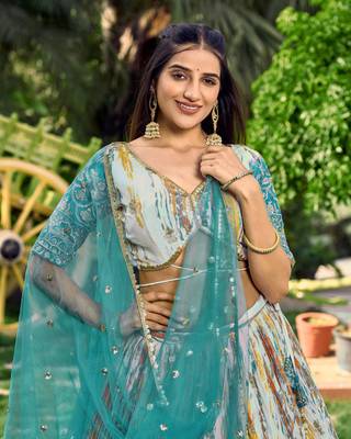 TURQUOISE & MULTICOLOR ZARI & SEQUINS EMBROIDERED WITH DIGITAL PRINT CHINON FABRIC PARTY WEAR SEMI STITCHED CHOLI 3