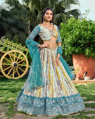 TURQUOISE & MULTICOLOR ZARI & SEQUINS EMBROIDERED WITH DIGITAL PRINT CHINON FABRIC PARTY WEAR SEMI STITCHED CHOLI 4