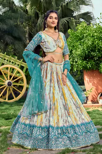 TURQUOISE & MULTICOLOR ZARI & SEQUINS EMBROIDERED WITH DIGITAL PRINT CHINON FABRIC PARTY WEAR SEMI STITCHED CHOLI