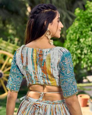 TURQUOISE & MULTICOLOR ZARI & SEQUINS EMBROIDERED WITH DIGITAL PRINT CHINON FABRIC PARTY WEAR SEMI STITCHED CHOLI 5