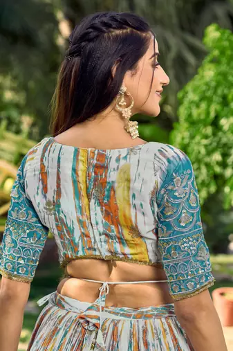 TURQUOISE & MULTICOLOR ZARI & SEQUINS EMBROIDERED WITH DIGITAL PRINT CHINON FABRIC PARTY WEAR SEMI STITCHED CHOLI