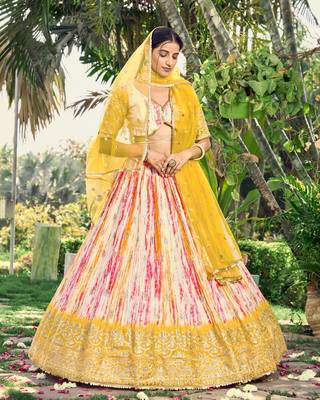 YELLOW & MULTICOLOR ZARI & SEQUINS EMBROIDERED WITH DIGITAL PRINT CHINON FABRIC PARTY WEAR FESTIVAL SEMI STITCHED CHOLI 1
