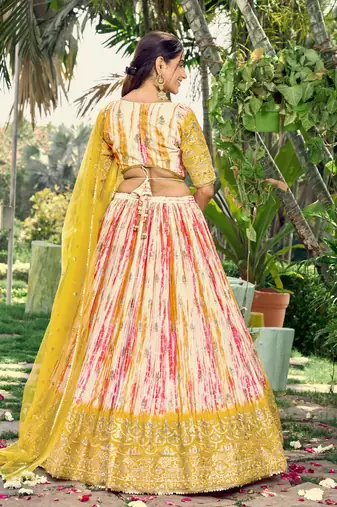 YELLOW & MULTICOLOR ZARI & SEQUINS EMBROIDERED WITH DIGITAL PRINT CHINON FABRIC PARTY WEAR FESTIVAL SEMI STITCHED CHOLI