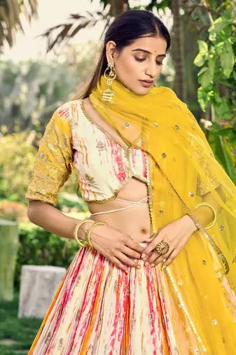 YELLOW & MULTICOLOR ZARI & SEQUINS EMBROIDERED WITH DIGITAL PRINT CHINON FABRIC PARTY WEAR FESTIVAL SEMI STITCHED CHOLI