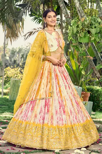 YELLOW & MULTICOLOR ZARI & SEQUINS EMBROIDERED WITH DIGITAL PRINT CHINON FABRIC PARTY WEAR FESTIVAL SEMI STITCHED CHOLI