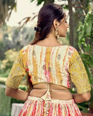 YELLOW & MULTICOLOR ZARI & SEQUINS EMBROIDERED WITH DIGITAL PRINT CHINON FABRIC PARTY WEAR FESTIVAL SEMI STITCHED CHOLI 5