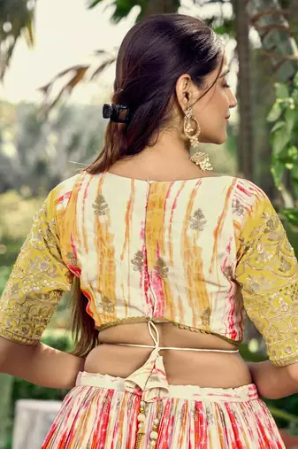 YELLOW & MULTICOLOR ZARI & SEQUINS EMBROIDERED WITH DIGITAL PRINT CHINON FABRIC PARTY WEAR FESTIVAL SEMI STITCHED CHOLI