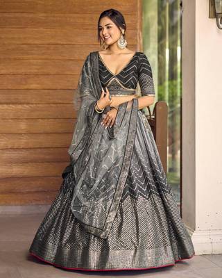 BLACK THREAD & SEQUINS EMBROIDERED WITH CHINON FABRIC DESIGNER BRIDAL WEDDING PARTY WEAR FESTIVAL SEMI STITCHED LEHENGA 1