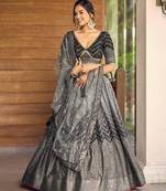 BLACK THREAD & SEQUINS EMBROIDERED WITH CHINON FABRIC DESIGNER BRIDAL WEDDING PARTY WEAR FESTIVAL SEMI STITCHED LEHENGA