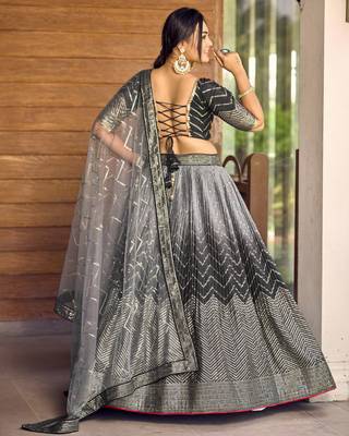 BLACK THREAD & SEQUINS EMBROIDERED WITH CHINON FABRIC DESIGNER BRIDAL WEDDING PARTY WEAR FESTIVAL SEMI STITCHED LEHENGA 2