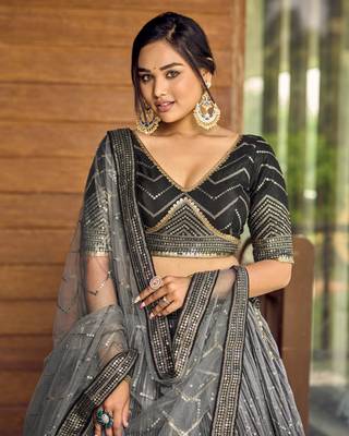 BLACK THREAD & SEQUINS EMBROIDERED WITH CHINON FABRIC DESIGNER BRIDAL WEDDING PARTY WEAR FESTIVAL SEMI STITCHED LEHENGA 3