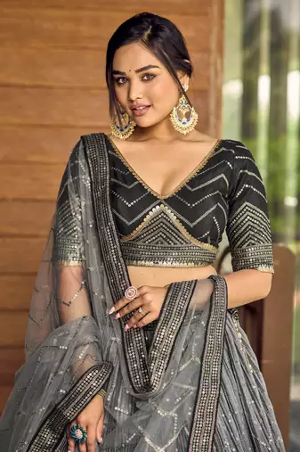 BLACK THREAD & SEQUINS EMBROIDERED WITH CHINON FABRIC DESIGNER BRIDAL WEDDING PARTY WEAR FESTIVAL SEMI STITCHED LEHENGA