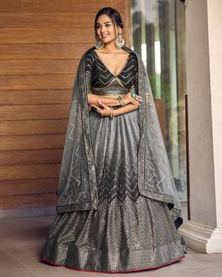BLACK THREAD & SEQUINS EMBROIDERED WITH CHINON FABRIC DESIGNER BRIDAL WEDDING PARTY WEAR FESTIVAL SEMI STITCHED LEHENGA 4