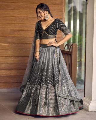 BLACK THREAD & SEQUINS EMBROIDERED WITH CHINON FABRIC DESIGNER BRIDAL WEDDING PARTY WEAR FESTIVAL SEMI STITCHED LEHENGA 5