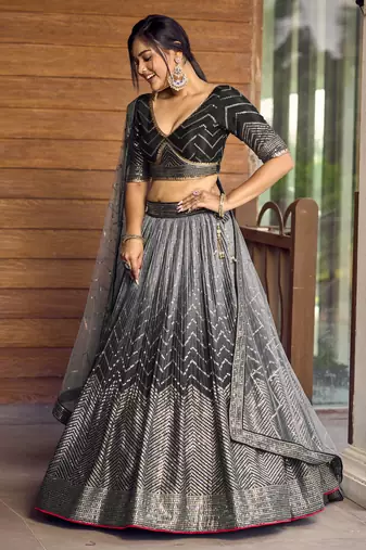 BLACK THREAD & SEQUINS EMBROIDERED WITH CHINON FABRIC DESIGNER BRIDAL WEDDING PARTY WEAR FESTIVAL SEMI STITCHED LEHENGA
