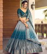 BLUE THREAD & SEQUINS EMBROIDERED WITH CHINON FABRIC DESIGNER BRIDAL WEDDING PARTY WEAR FESTIVAL SEMI STITCHED LEHENGA