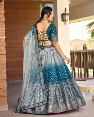 BLUE THREAD & SEQUINS EMBROIDERED WITH CHINON FABRIC DESIGNER BRIDAL WEDDING PARTY WEAR FESTIVAL SEMI STITCHED LEHENGA 2
