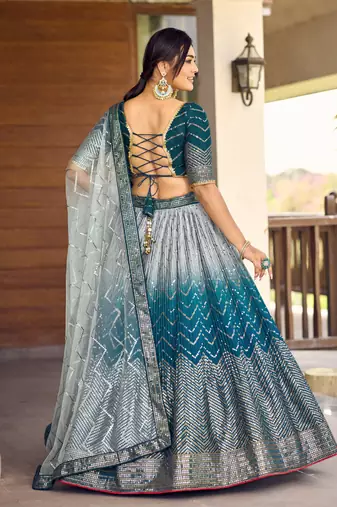 BLUE THREAD & SEQUINS EMBROIDERED WITH CHINON FABRIC DESIGNER BRIDAL WEDDING PARTY WEAR FESTIVAL SEMI STITCHED LEHENGA