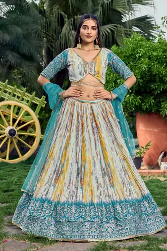 TURQUOISE & MULTICOLOR ZARI & SEQUINS EMBROIDERED WITH DIGITAL PRINT CHINON FABRIC PARTY WEAR SEMI STITCHED CHOLI