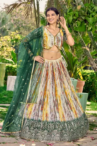 GREEN & MULTICOLOR ZARI & SEQUINS EMBROIDERED WITH DIGITAL PRINT CHINON FABRIC PARTY WEAR FESTIVAL SEMI STITCHED CHOLI