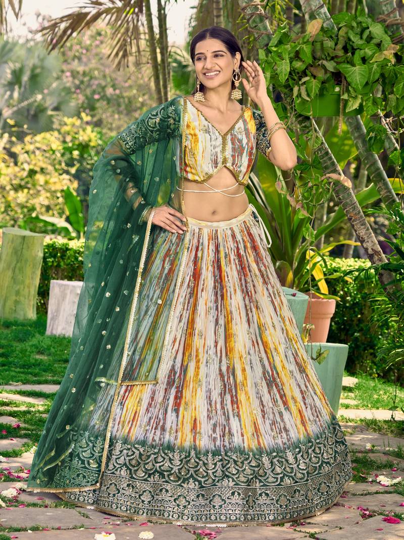 GREEN & MULTICOLOR ZARI & SEQUINS EMBROIDERED WITH DIGITAL PRINT CHINON FABRIC PARTY WEAR FESTIVAL SEMI STITCHED CHOLI