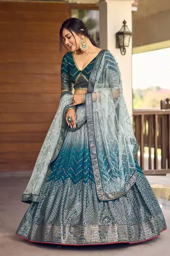 BLUE THREAD & SEQUINS EMBROIDERED WITH CHINON FABRIC DESIGNER BRIDAL WEDDING PARTY WEAR FESTIVAL SEMI STITCHED LEHENGA