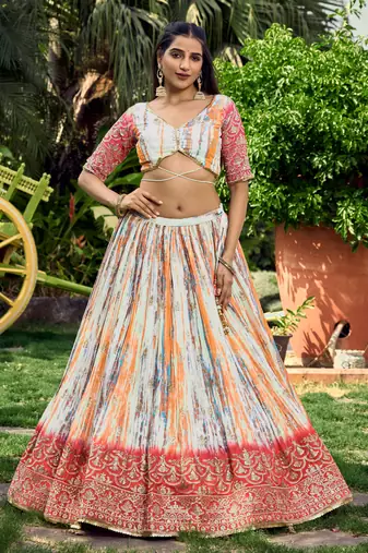PINK & MULTICOLOR ZARI & SEQUINS EMBROIDERED WITH DIGITAL PRINT CHINON FABRIC PARTY WEAR FESTIVAL SEMI STITCHED CHOLI
