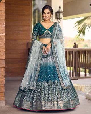 BLUE THREAD & SEQUINS EMBROIDERED WITH CHINON FABRIC DESIGNER BRIDAL WEDDING PARTY WEAR FESTIVAL SEMI STITCHED LEHENGA 5