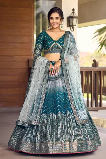 BLUE THREAD & SEQUINS EMBROIDERED WITH CHINON FABRIC DESIGNER BRIDAL WEDDING PARTY WEAR FESTIVAL SEMI STITCHED LEHENGA
