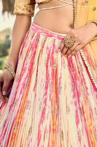 YELLOW & MULTICOLOR ZARI & SEQUINS EMBROIDERED WITH DIGITAL PRINT CHINON FABRIC PARTY WEAR FESTIVAL SEMI STITCHED CHOLI