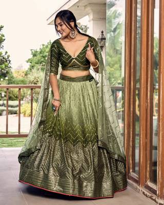 GREEN THREAD & SEQUINS EMBROIDERED WITH CHINON FABRIC DESIGNER BRIDAL WEDDING PARTY WEAR FESTIVAL SEMI STITCHED LEHENGA 1
