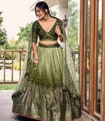 GREEN THREAD & SEQUINS EMBROIDERED WITH CHINON FABRIC DESIGNER BRIDAL WEDDING PARTY WEAR FESTIVAL SEMI STITCHED LEHENGA