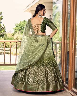 GREEN THREAD & SEQUINS EMBROIDERED WITH CHINON FABRIC DESIGNER BRIDAL WEDDING PARTY WEAR FESTIVAL SEMI STITCHED LEHENGA 2