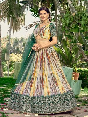 GREEN & MULTICOLOR ZARI & SEQUINS EMBROIDERED WITH DIGITAL PRINT CHINON FABRIC PARTY WEAR FESTIVAL SEMI STITCHED CHOLI 7