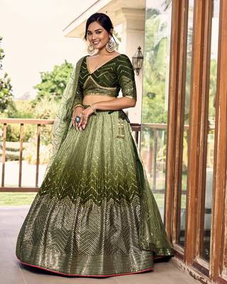GREEN THREAD & SEQUINS EMBROIDERED WITH CHINON FABRIC DESIGNER BRIDAL WEDDING PARTY WEAR FESTIVAL SEMI STITCHED LEHENGA 4