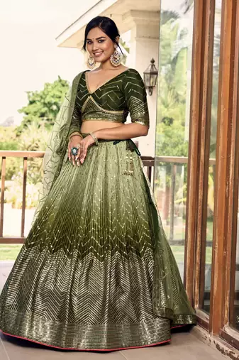 GREEN THREAD & SEQUINS EMBROIDERED WITH CHINON FABRIC DESIGNER BRIDAL WEDDING PARTY WEAR FESTIVAL SEMI STITCHED LEHENGA