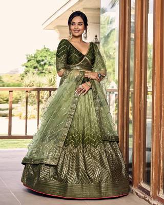 GREEN THREAD & SEQUINS EMBROIDERED WITH CHINON FABRIC DESIGNER BRIDAL WEDDING PARTY WEAR FESTIVAL SEMI STITCHED LEHENGA 5