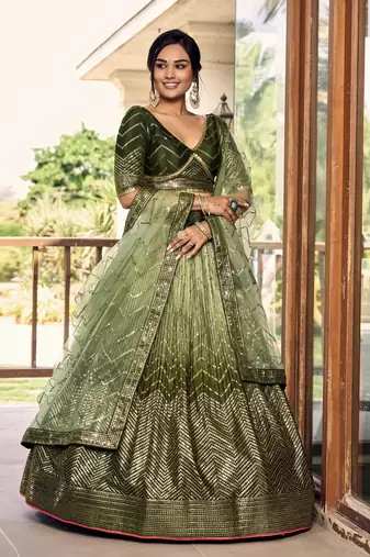 GREEN THREAD & SEQUINS EMBROIDERED WITH CHINON FABRIC DESIGNER BRIDAL WEDDING PARTY WEAR FESTIVAL SEMI STITCHED LEHENGA