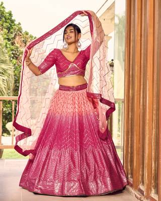 PINK THREAD & SEQUINS EMBROIDERED WITH CHINON FABRIC DESIGNER BRIDAL WEDDING & PARTY WEAR FESTIVAL SEMI STITCHED LEHENGA 1