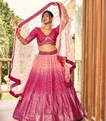 PINK THREAD & SEQUINS EMBROIDERED WITH CHINON FABRIC DESIGNER BRIDAL WEDDING & PARTY WEAR FESTIVAL SEMI STITCHED LEHENGA