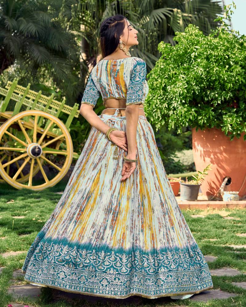 TURQUOISE & MULTICOLOR ZARI & SEQUINS EMBROIDERED WITH DIGITAL PRINT CHINON FABRIC PARTY WEAR SEMI STITCHED CHOLI