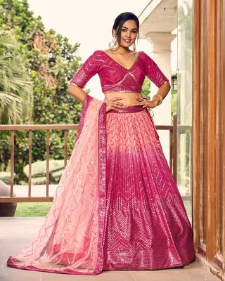 PINK THREAD & SEQUINS EMBROIDERED WITH CHINON FABRIC DESIGNER BRIDAL WEDDING & PARTY WEAR FESTIVAL SEMI STITCHED LEHENGA 4